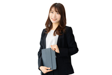 タブレットを持つ女性・ビジネスウーマン（背景透過PNG）