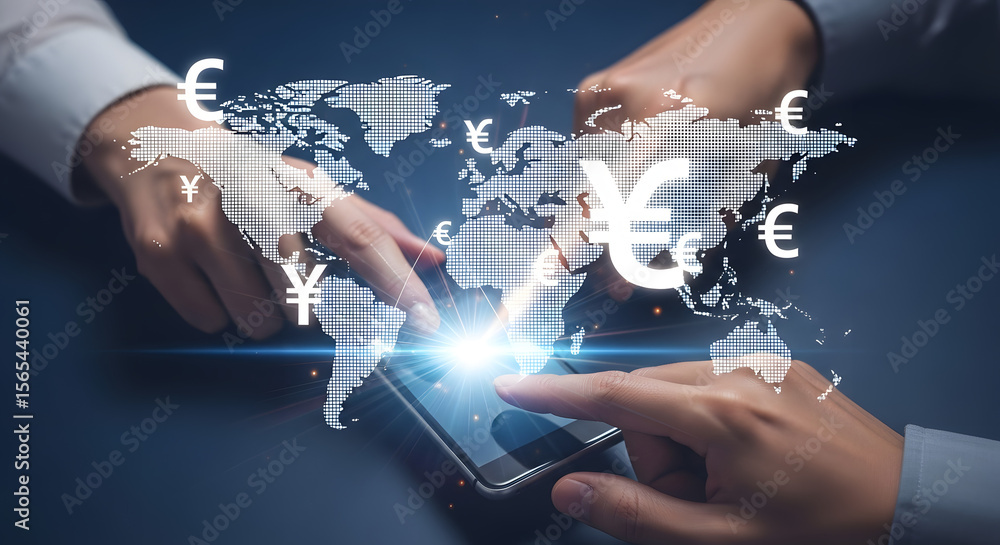 Poster global finance professionals collaborate on a mobile device, managing international currency transac