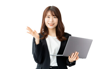 パソコンを持つ女性・ビジネスウーマン（背景透過PNG）