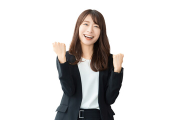 ガッツポーズをする女性・ビジネスウーマン（背景透過PNG）