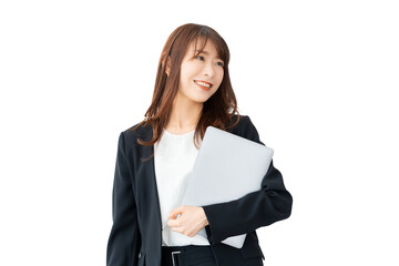 パソコンを持つ女性・ビジネスウーマン（背景透過PNG）