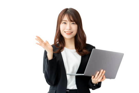 パソコンを持つ女性・ビジネスウーマン（背景透過PNG）