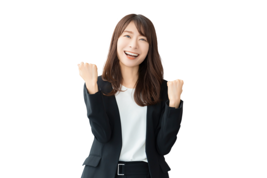 ガッツポーズをする女性・ビジネスウーマン（背景透過PNG）
