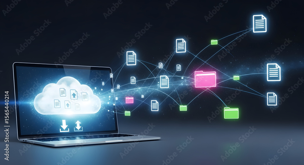 Poster laptop displaying cloud computing concept with files and folders in a network.