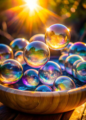 Macro iridescent soap bubbles in wooden bowl with sunlight