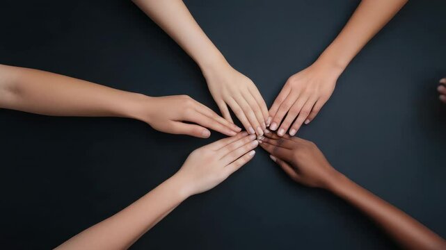 Four people are placing their hands together on a dark surface, symbolizing teamwork, collaboration, and mutual support in overcoming challenges