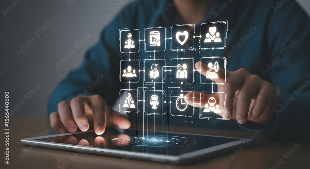 Poster man interacts with a digital interface on a tablet, icons floating above the screen.