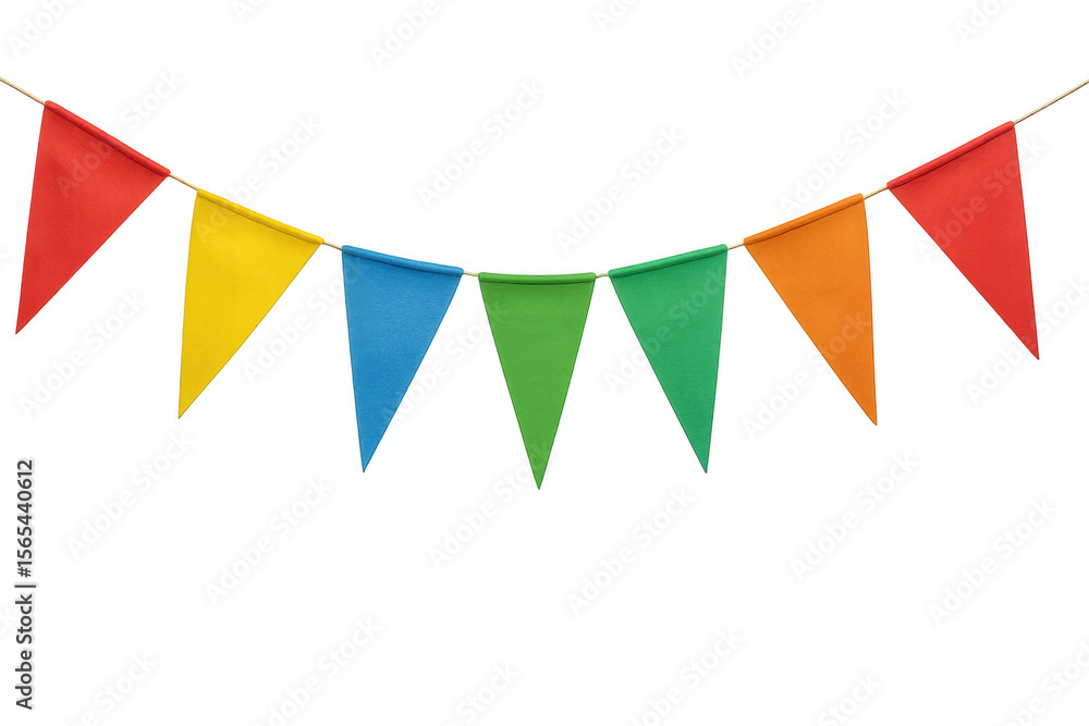 Poster string of colorful triangular party flags hanging against a transparent background, perfect for fest