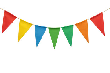 String of colorful triangular party flags hanging against a transparent background, perfect for festive overlay designs