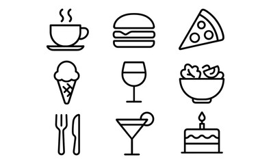 Food and drinks concept with icons of coffee, hamburger, pizza, ice cream, wine, and more
