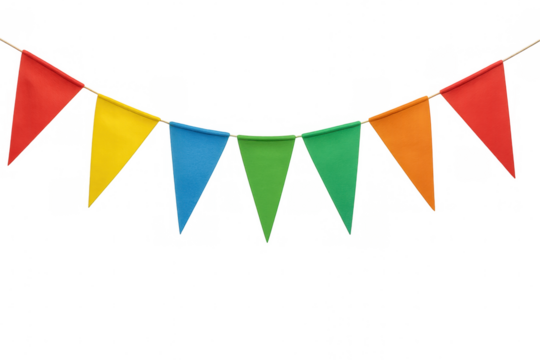 String of colorful triangular party flags hanging against a transparent background, perfect for festive overlay designs
