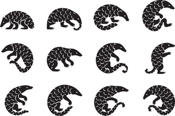 A set of different types of black Pangolin Wild Animals silhouette icons on a white background. Each  has a unique position. The icons are illustrations