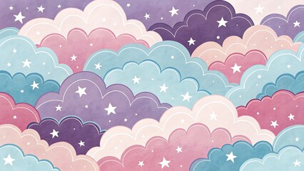 Pastel Clouds and Stars Pattern Background, Soft Colors, Dreamy Sky Illustration, Perfect for Wallpapers, Digital Paper, and Creative Projects.