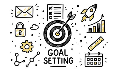 Fototapeta premium Goal setting and strategy planning concepts with target, rocket, and checklist illustrations