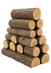 Precisely arranged stack of freshly cut firewood logs with dark brown bark and light interior wood showing distinct annual growth rings, symmetrically stacked pyramid on a transparent studio
