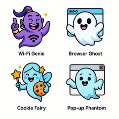 Obraz premium Four cartoon characters: a Wi-Fi Genie, Browser Ghost, Cookie Fairy, and Pop-up Phantom, each with unique features and expressions.
