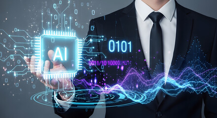 Businessman presenting holographic AI microchip, showcasing technological innovation and digital transformation.