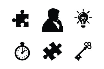 Silhouette man thinking puzzle lightbulb stopwatch key piece