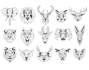 Fototapeta premium Geometric Animal Heads Collection – Black and White Vector Set of Stylized Wildlife Icons on a transparent background