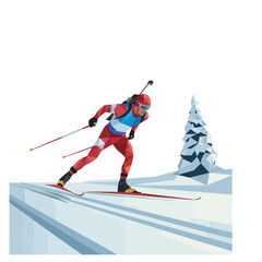 Obraz premium Biathlon Challenge Poster – Stylized Winter Sports Vector with Skiing Athlete and Rifle, in polygon art with transparent background