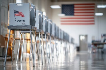 Row of voting booths in a polling station, American flag in background.  Image depicts election day, civic duty, democracy, and the right to vote. 