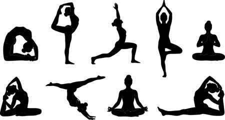 Fototapeta premium Yoga poses silhouette vector illustration for healthy lifestyle concept