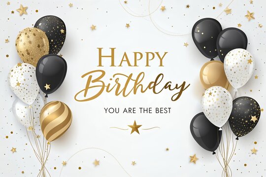 Elegant happy birthday greeting card design with black and gold balloons scattered confetti and stars on a white background
