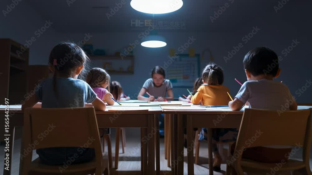 Poster group of young pupils sitting at desks in a dimly lit classroom, focused on drawing with colored pen