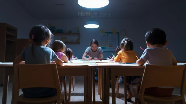 Group of young pupils sitting at desks in a dimly lit classroom, focused on drawing with colored pencils during an evening art class while their teacher observes