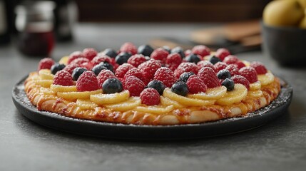 Fruit pizza topped with raspberries, blueberries, and sliced yellow fruit