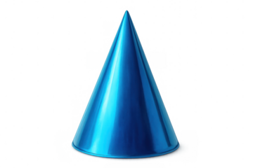 Glossy blue technological cone standing on transparent surface, reflecting light with sleek modern design