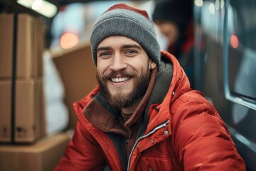 Smiling delivery worker in a warm orange jacket during daytime on city streets