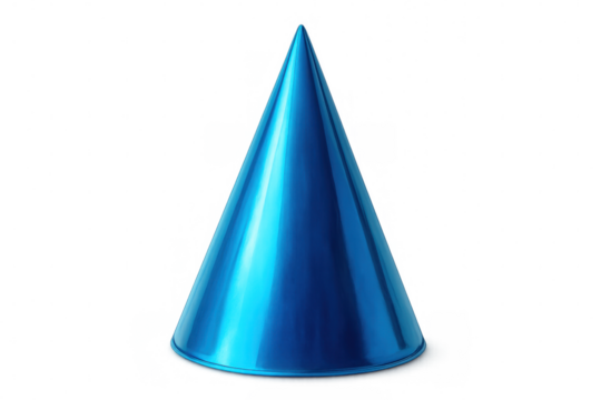 Glossy blue technological cone standing on transparent surface, reflecting light with sleek modern design
