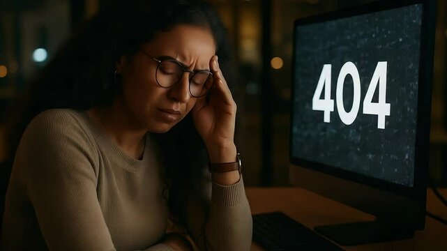 Frustrated woman facing a 404 error on her computer screen, experiencing technical difficulties and work stress late at night