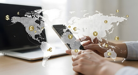Hands interacting with a digital world map overlaid on a tablet, showcasing global financial connections.
