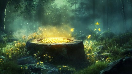 Glowing Golden Treasure Hidden In A Mystical Forest Stump