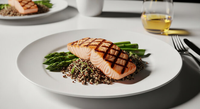 Grilled salmon fillet with asparagus and quinoa served on a white plate with a drink nearby