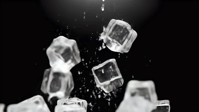 Ice cubes falling in slow motion for beverage commercial, cinematic transition or drink freshness concept