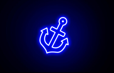 Neon glowing blue color anchor on black background. Ship anchor icon. Bright anchor Curve sign. Anchor icon black background.