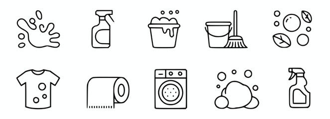 Household cleaning and laundry icons with minimalist line art style vector