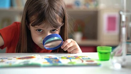 Curious girl exploring book with magnifying glass in classroom. Back to school, science learning, STEM education, child discovery concept - Powered by Adobe