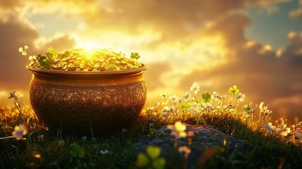 Golden Pot Of Coins At Sunset With Shamrocks