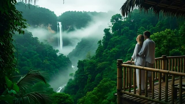 Couple embraces overlooking jungle waterfall view from bamboo hut, romantic getaway, lush green, nature, travel, tourism, adventure, honeymoon destination, relaxation, eco-tourism resort.