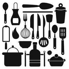 A collection of kitchen tools silhouettes, ideal for culinary-themed projects and logos