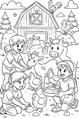Coloring page of happy kids feeding farm animals, children playing with chickens, goat and cow near a barn, cheerful countryside scene perfect for creative coloring fun.
