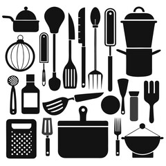 A collection of kitchen tools silhouettes, ideal for culinary-themed projects and logos