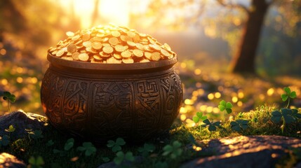 Golden Coins Fill Ornate Pot In Sunny Forest Setting