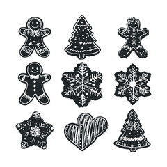 Chalk-style gingerbread cookies and festive shapes on black background