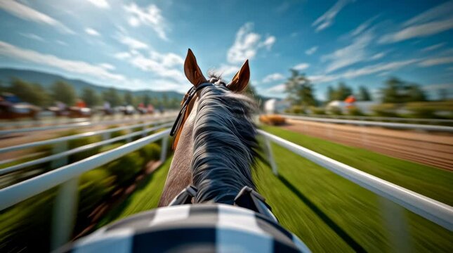 Experience the adrenaline of a horse race from the rider's point of view, showcasing speed and competition.