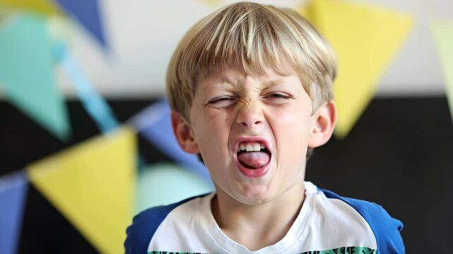 Blond boy making silly faces and grimacing in front of colorful party flags. Fun, emotion, and playful joy at a festive event or birthday